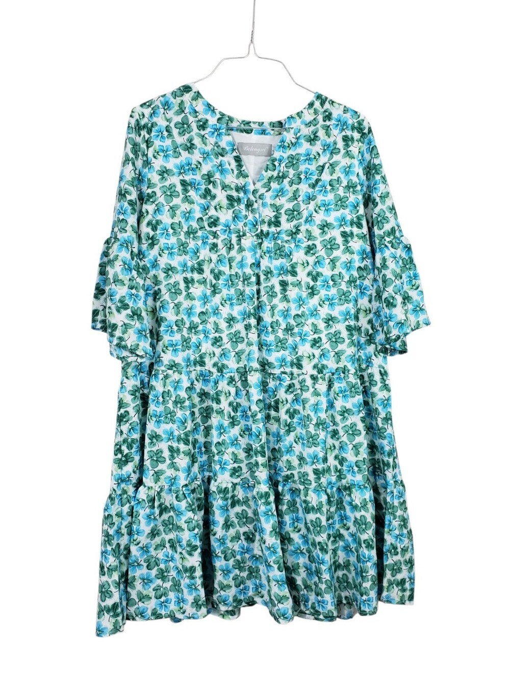 BELONGSCI Green Blue Floral Ruffle Shift Mini Dress Size Small